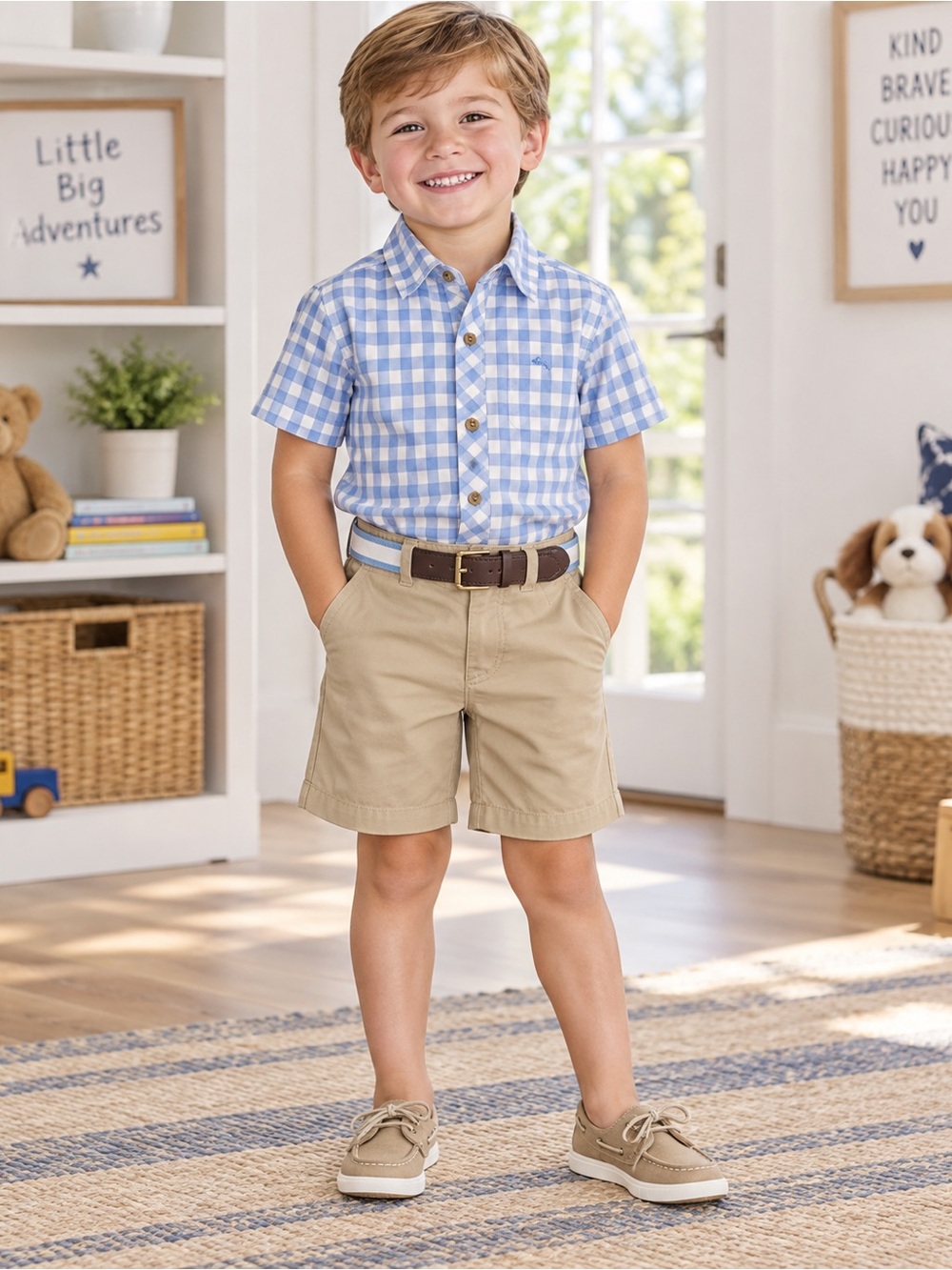 Boys Blue Gingham Short-Sleeve Button-Up Shirt and Khaki Shorts